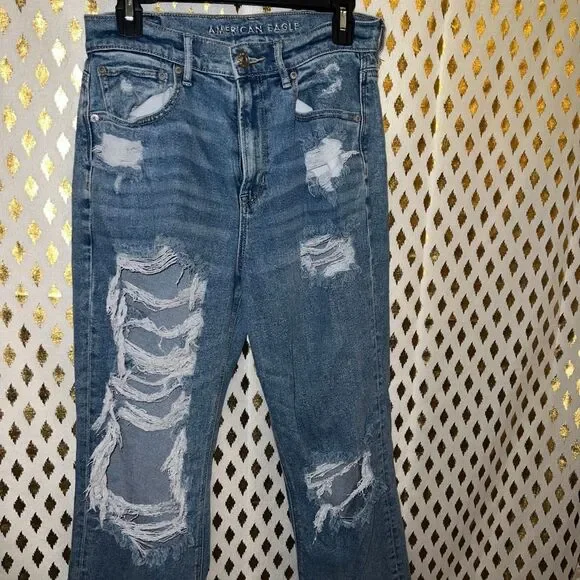 American Eagle jeans super distressed baggy pants straight boyfriend size 8 - Picture 2 of 5